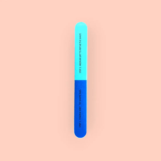 de blinkie 7-in-1 nail buffer showing steps 1 and 2 in blue and cyan against a pink background