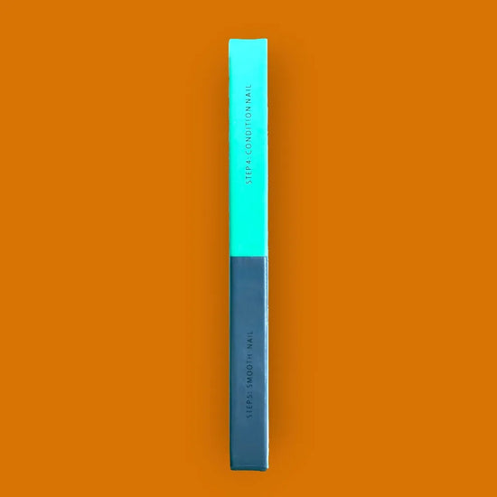de blinkie 7-in-1 nail buffer showing steps 4 and 5 in cyan and grey against an orange background