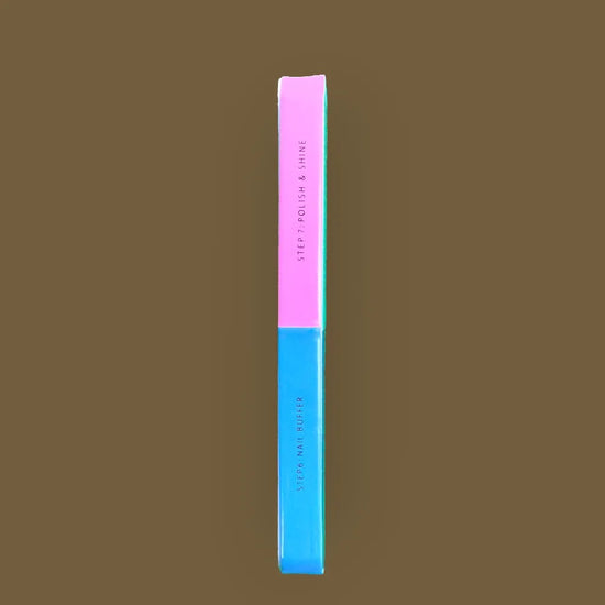 de blinkie 7-in-1 nail buffer showing steps 6 and 7 in blue and pink against a brown background