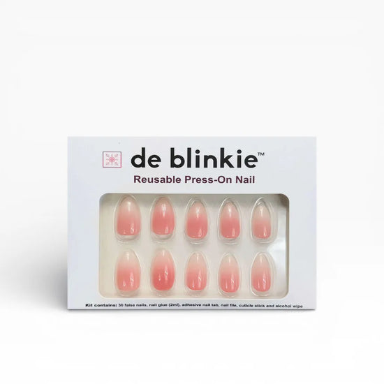 de blinkie Blush Elise press-on nail kit box showing 10 short almond false nails with baby pink to white ombre gradient finish