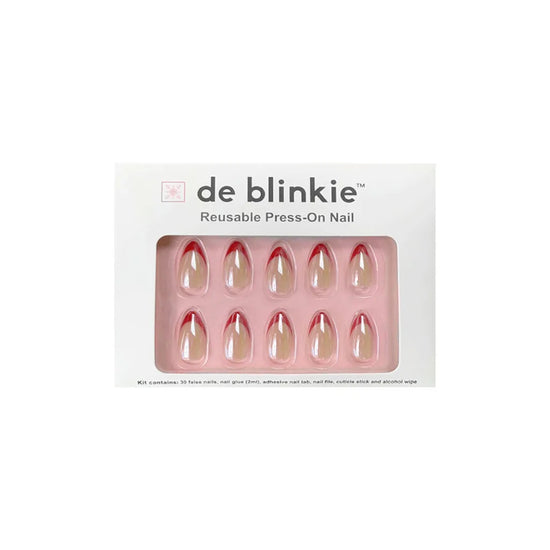 de blinkie Boss Babe Red press-on nail kit box showing 10 short almond false nails with crimson red French tips on blush pink tray