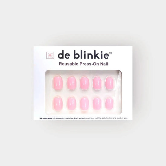 de blinkie Bubblegum Pop press-on nail kit box showing 10 extra short squoval false nails in vibrant candy pink finish