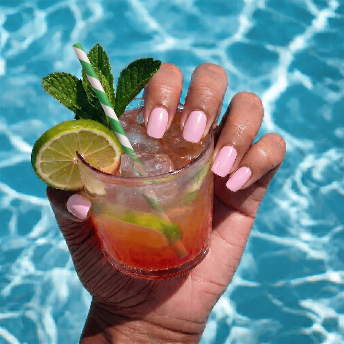 Hand holding a poolside cocktail with lime and mint, wearing de blinkie Bubblegum Pop nails from the X Collection