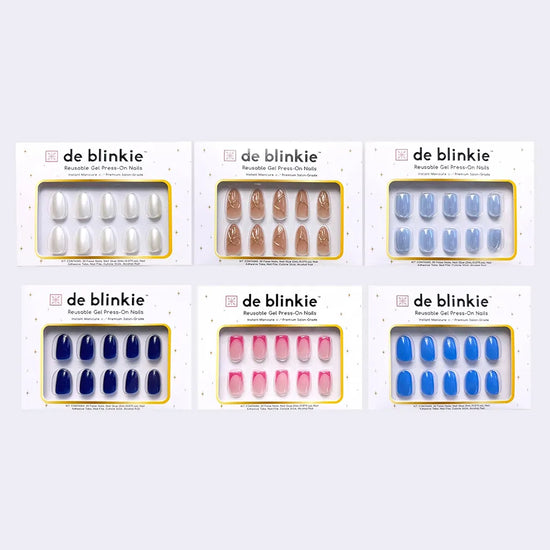 Box shot showing all six de blinkie Chrome Couture chrome and bold gel press-on nail styles against a lavender background