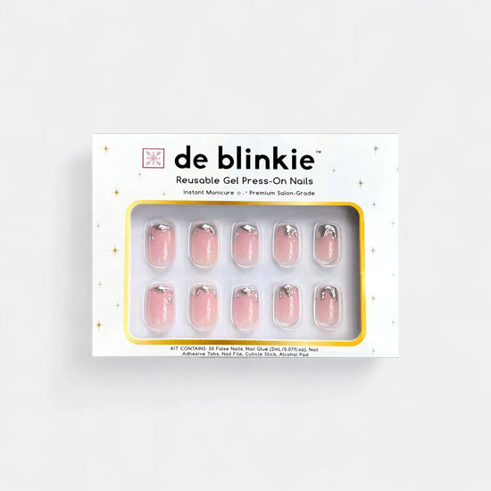 Product box shot showing de blinkie Chrome Whispers sheer blush pink sculptural silver chrome tip short square press-on nails against white background