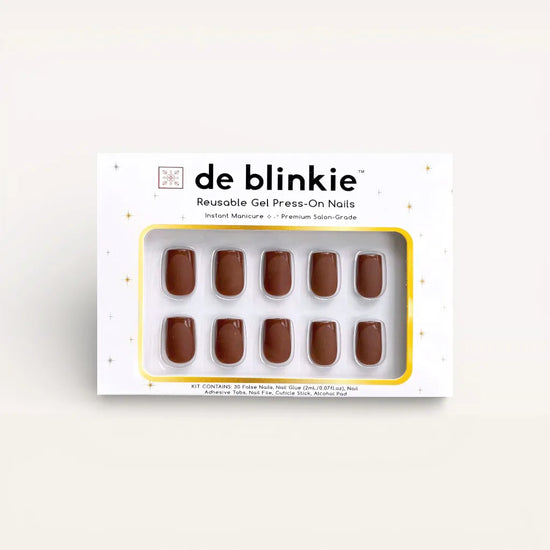 Product box shot showing de blinkie Cocoa Suede rich chestnut velvet matte medium square press-on nails against white background