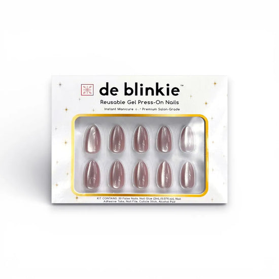 Product box shot of de blinkie Dame Allure velvet mauve rose reusable gel press-on nails in short almond displayed in white branded packaging with gold star detailing against a white background