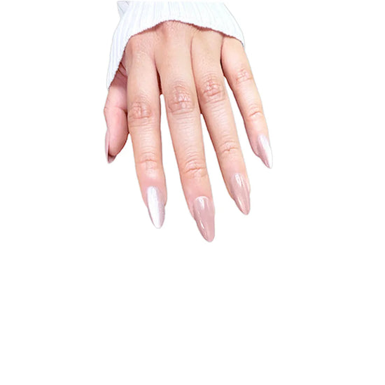 Spread hand pose showing de blinkie Dame Allure velvet mauve rose press-on nails in short almond against a clean white background with a white ribbed knit sleeve