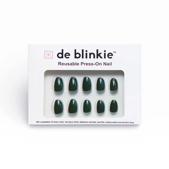 de blinkie Emerald Envy reusable press-on nail kit box showing 10 short oval false nails with deep forest green finish on white tray against white background
