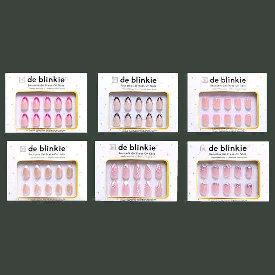 Box shot showing all six de blinkie French Reimagined creative French tip gel press-on nail styles against a dark green background