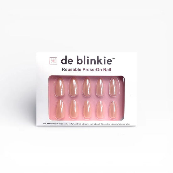 de blinkie Glazed Hazel press-on nail kit box showing 10 medium almond false nails in semi-sheer hazelnut nude with pearl chrome glazed donut finish