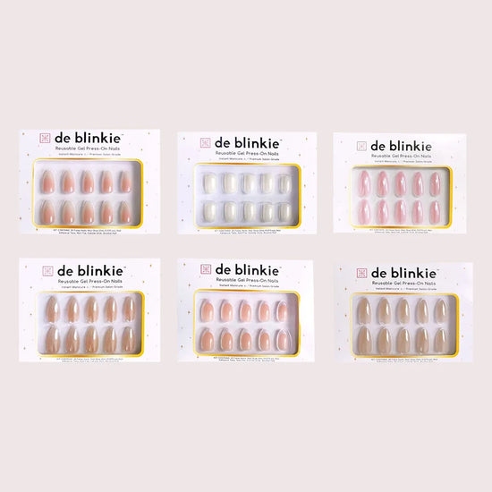 Box shot showing all six de blinkie Glazed Icons glazed gel press-on nail styles against a cream background
