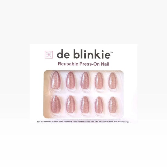 de blinkie Glazed Mocha press-on nail kit box showing 10 short almond false nails with rosy mauve velvet cat eye shimmer finish