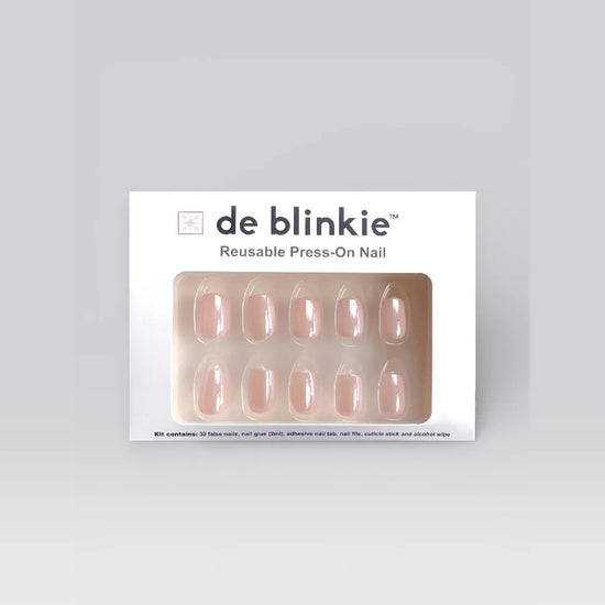 de blinkie Glazed Petal press-on nail kit box showing 10 rose mauve blush glazed square false nails on white tray