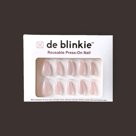 de blinkie Glazed Rosé press-on nail kit box showing 10 short almond false nails with soft rose pink pearlescent shimmer finish