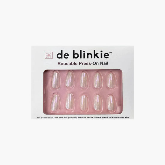 de blinkie Glazed Stardust reusable press-on nail kit box showing 10 medium oval false nails with sheer pearl white opalescent shimmer finish on pink tray against white background