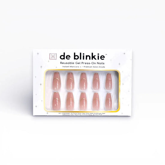Box shot of de blinkie Golden Grace reusable gel press-on nails in sheer pink nude with gold trace long coffin against a white background