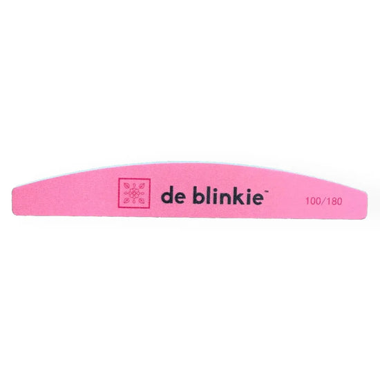 Horizontal view of de blinkie premium half-moon 100/180 grit nail file in pink against a white background