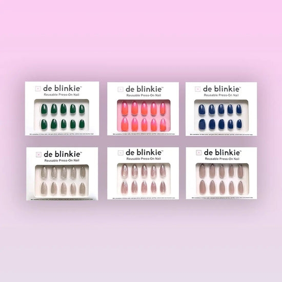 de blinkie Jewel Tone Luxe press-on nails bundle of six sets in forest green, navy, coral, champagne shimmer, blush shimmer and warm taupe