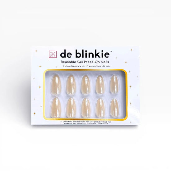 Box shot of de blinkie Lady Aurora reusable gel press-on nails in sheer nude medium almond against a white background