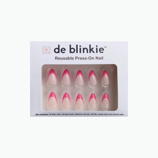 de blinkie Miss Fuchsia Flick reusable press-on nail kit box showing 10 short almond false nails with sheer nude base and electric pink curved French tips on white tray against white background