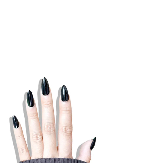 Fingers spread downward showing de blinkie Miss Noir onyx gloss black press-on nails in short almond against a white background with a charcoal ribbed knit sleeve