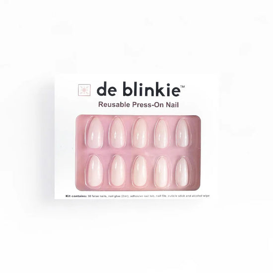 de blinkie Miss Serene press-on nail kit box showing 10 medium almond false nails in soft milky white finish