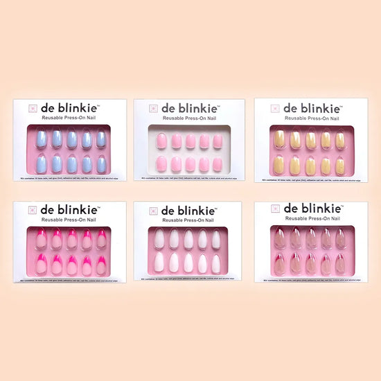 Box shot showing all six de blinkie Pastel Pop French pastel and French tip press-on nail styles against a cream background