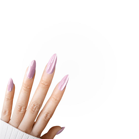Upward hand pose showing de blinkie Princess Rosée soft lilac pink pearl press-on nails in short almond against a soft neutral background with a white ribbed knit sleeve