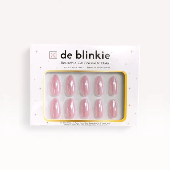 Box shot of de blinkie Rosé Glacé reusable gel press-on nails in solid rose pink gloss medium almond against a white background