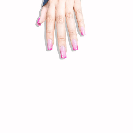 Fingers up pose showing de blinkie Rosé Mirage sheer blush pink with magenta French tips gold trace and 3D liner press-on nails in medium square shape against white background with denim knit sleeve