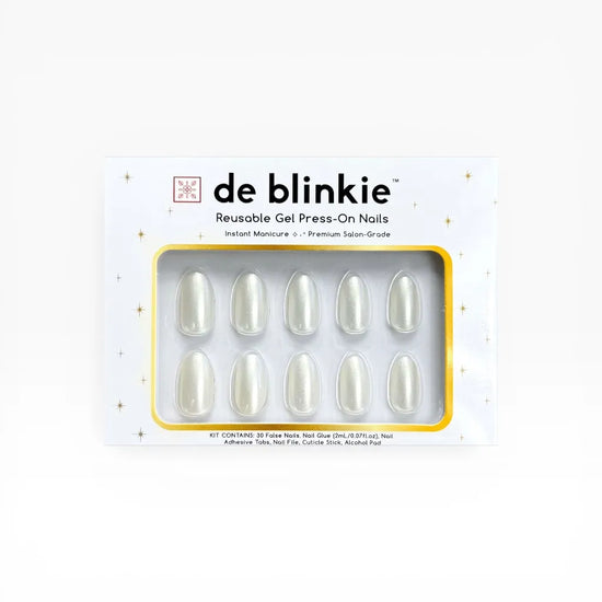 Product box shot showing de blinkie Silver Glint pearl white pearlescent short almond press-on nails against white background
