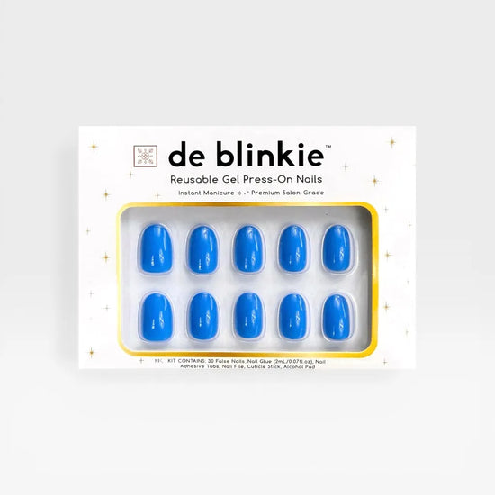 Product box shot showing de blinkie Skyline Pop vivid azure blue gloss short oval press-on nails against a grey background