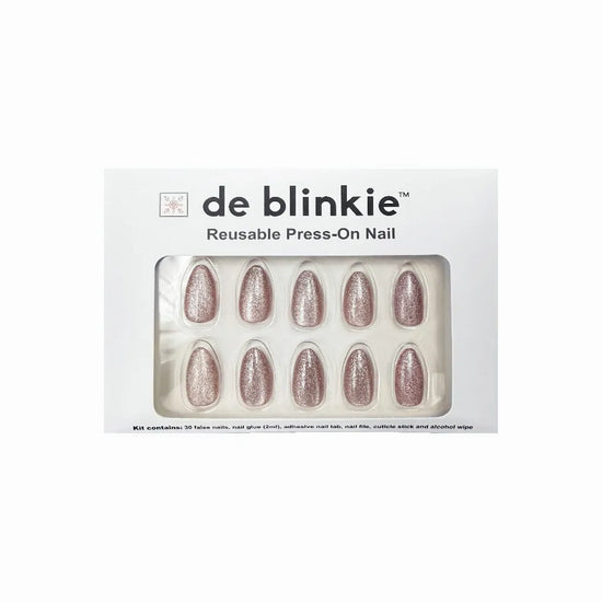 de blinkie Starlight Sofia press-on nail kit box showing 10 short almond false nails with full-coverage dusty rose pink shimmer