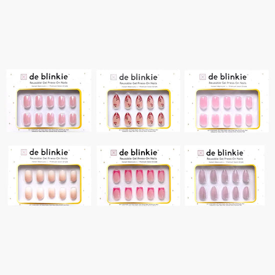 Box shot showing all six de blinkie The Rosé Room dreamy rose press-on nail styles against a white background