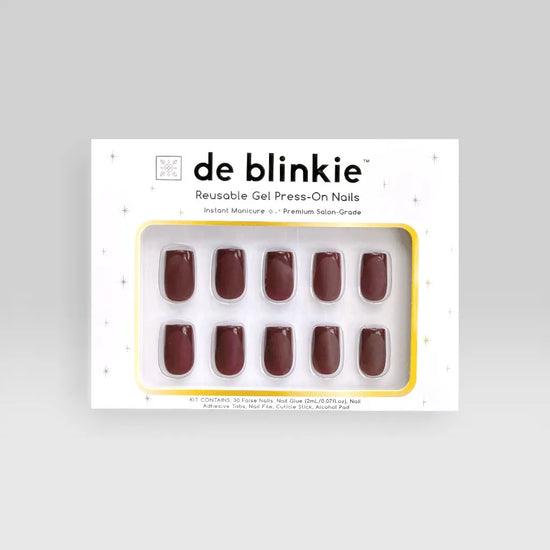 Product box shot showing de blinkie Velvet Bordeaux dark chocolate cherry velvet matte medium square press-on nails against grey background