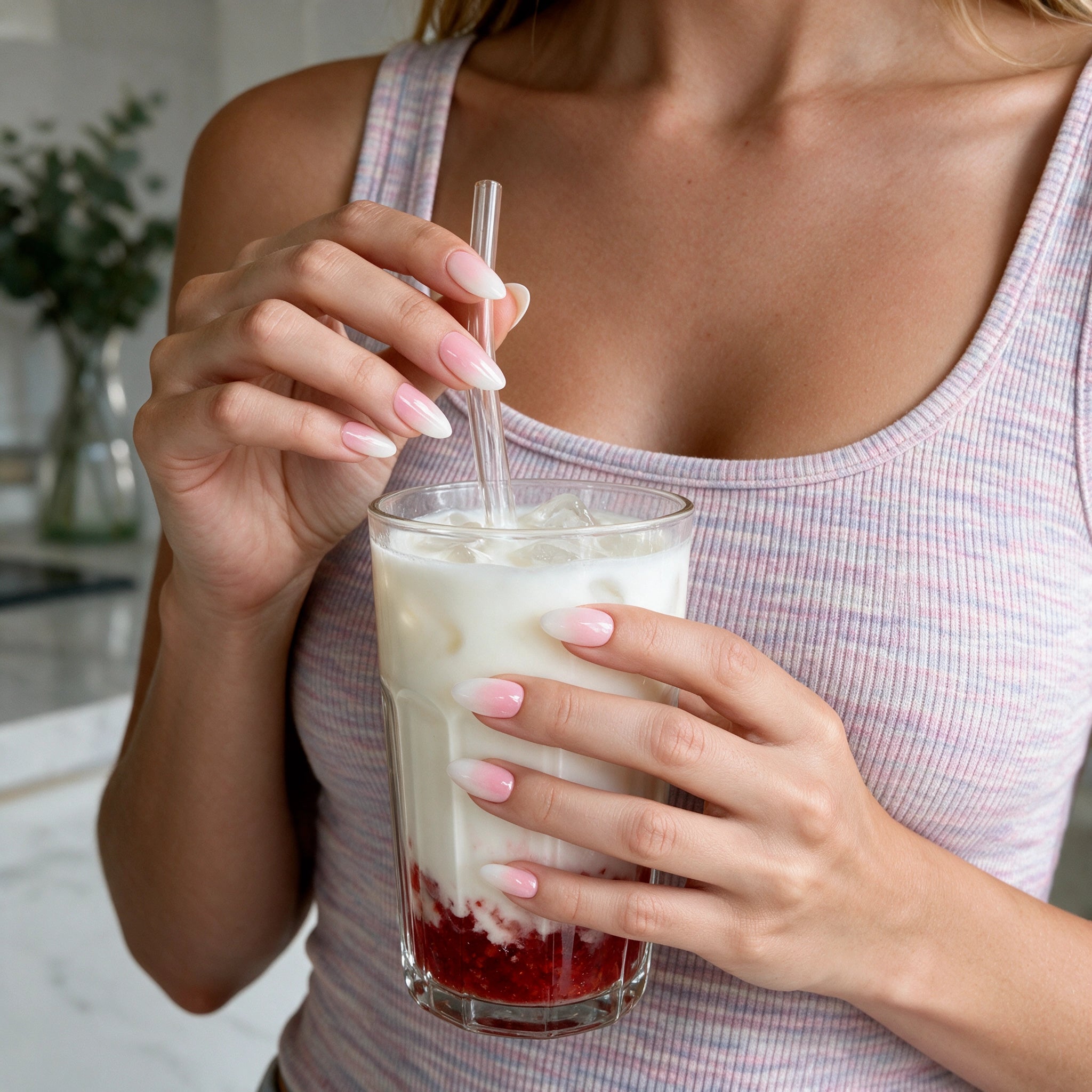 Hands holding a strawberry milk drink, wearing de blinkie Blush Elise nails from the X Collection short almond