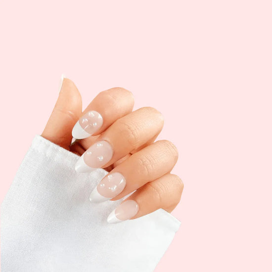 Perle Blanche bridal short almond press on nails with milky white French tips and pearl details