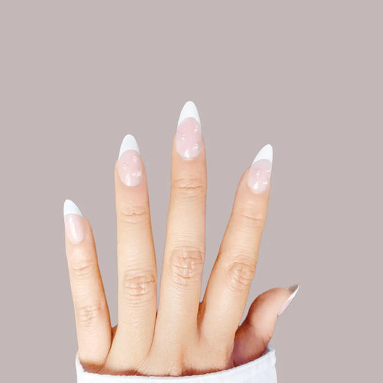 Glossy short almond French press on nails in milky white soft blush nude pearl design